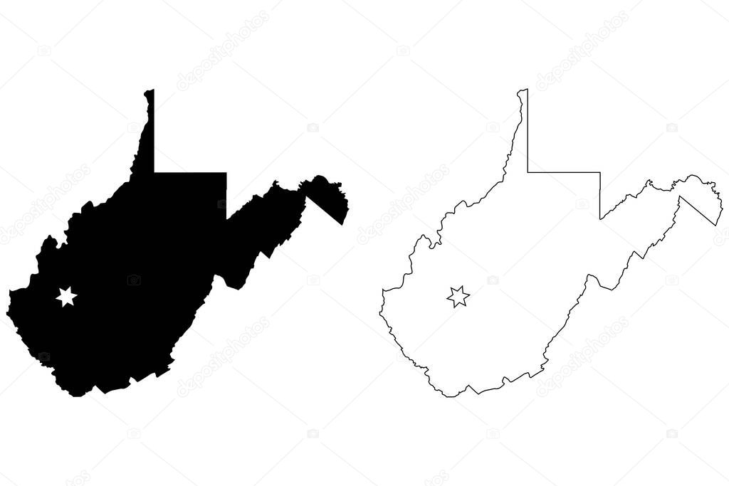 West Virginia WV state Map USA with Capital City Star at Charleston. Black silhouette and outline isolated maps on a white background. EPS Vector