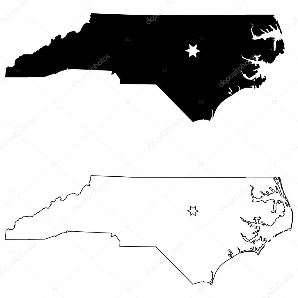 North Carolina NC state Map USA with Capital City Star at Raleigh. Black silhouette and outline isolated on a white background. EPS Vector