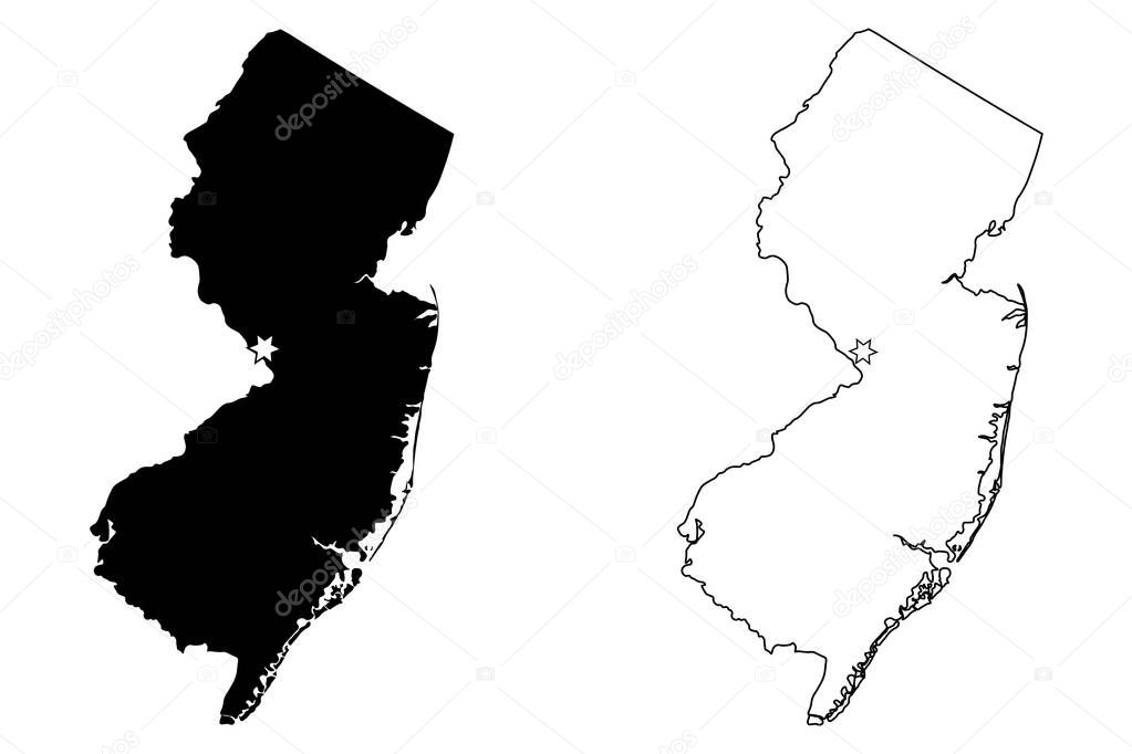 New Jersey NJ state Map USA with Capital City Star at Trenton. Black silhouette and outline isolated on a white background. EPS Vector