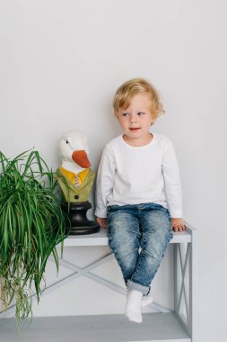 İç kısımda oturan kaz göğüslü şirin bir çocuğun portresi..