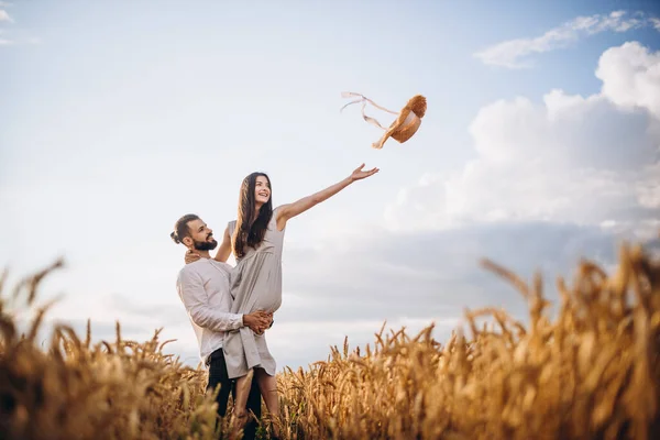 Young Happy Family Stylish Hipsters Walking Autumn Wheat Field Together — Stock Photo, Image