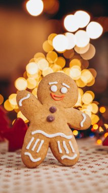 Noel ve Yeni Yıl konsepti: Tatil çelengi arka planında el yapımı zencefilli kurabiye, metin için yer