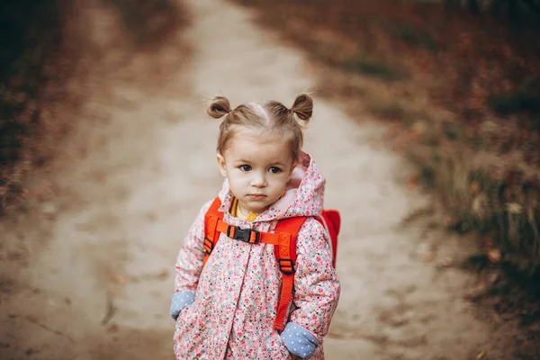 Liten Söt Flicka Klädd Rosa Jacka Och Ryggsäck Ser Allvarlig — Stockfoto