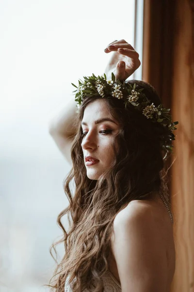 Portrait Pretty Brunette Woman Wedding Makeup Stylish Photo — Stock Photo, Image