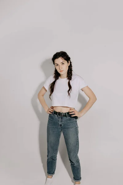 Young Pretty Woman Pigtail Braid Dressed White Shirt Jeans Posing — Stock Photo, Image