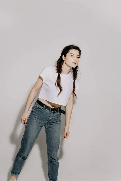 Young Pretty Woman Pigtail Braid Dressed White Shirt Jeans Posing — Stock Photo, Image