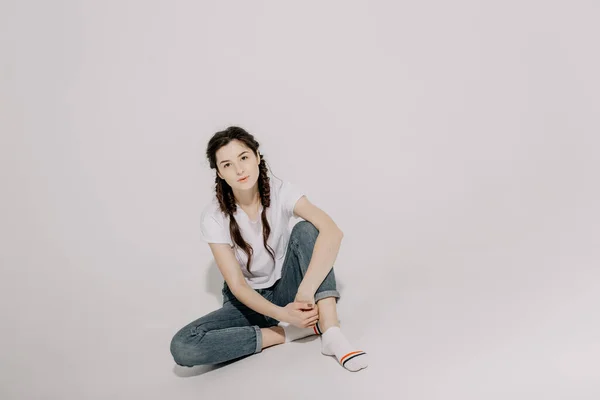 Young Pretty Woman Pigtail Braid Dressed White Shirt Jeans Posing — Stock Photo, Image