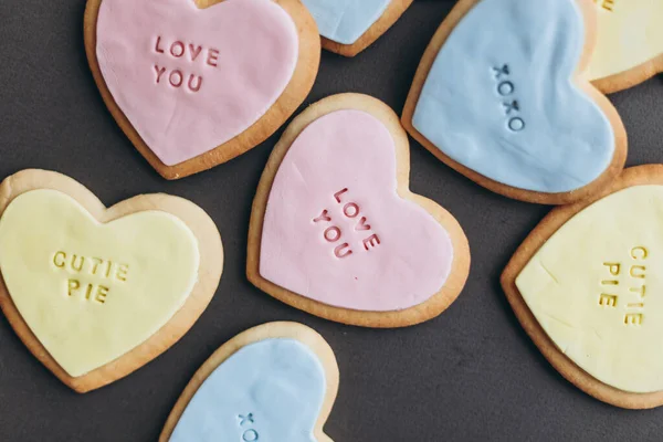 Valentine Day Presents Heart Shaped Cookies Colorful Glaze Themed Lettering — Stock Photo, Image
