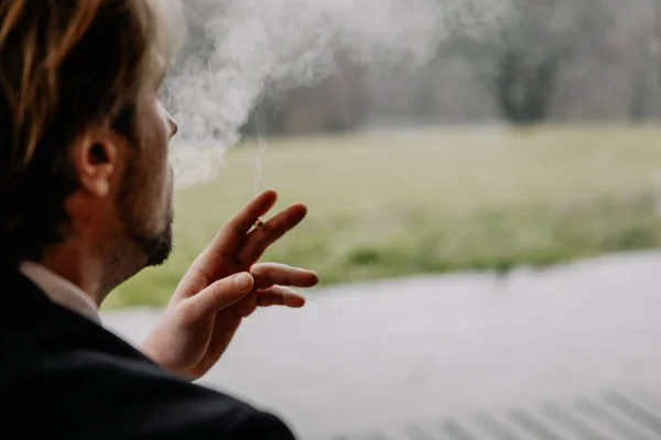 Courageous Brutal Man Dressed Suit Glass Strong Alcohol Cigarette His — Stock Photo, Image