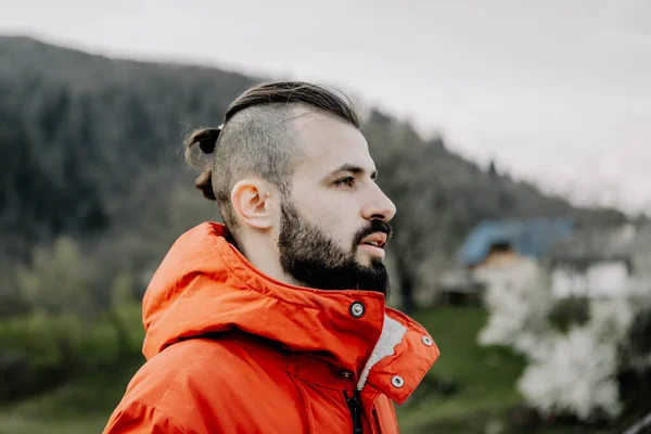 Portrait Stylish Young Man Beard Modern Hairstyle Looking Terrain Carpathian — Stock Photo, Image