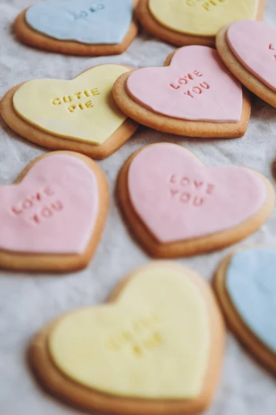 Valentine Day Presents Heart Shaped Cookies Colorful Glaze Themed Lettering — Stock Photo, Image