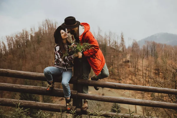 Loving Couple Walking Mountain Outdoors Man Woman Travel Together Couple — Stock Photo, Image