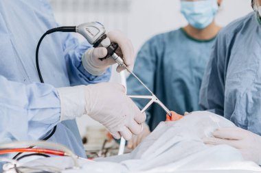 03.09.2019 Kyiv, Ukraine: Team of professional Surgeons Performing Invasive Surgery on a Patient in the Hospital Operating Room. Nurse Hands Out Instruments to surgeon, Anesthesiologist Monitors Vitals.  clipart