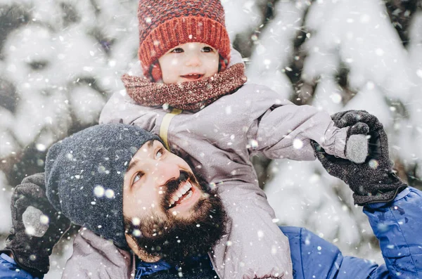 Young Stylish Bearded Father Baby Son Winter Vacation Christmas Tree — Stock Photo, Image