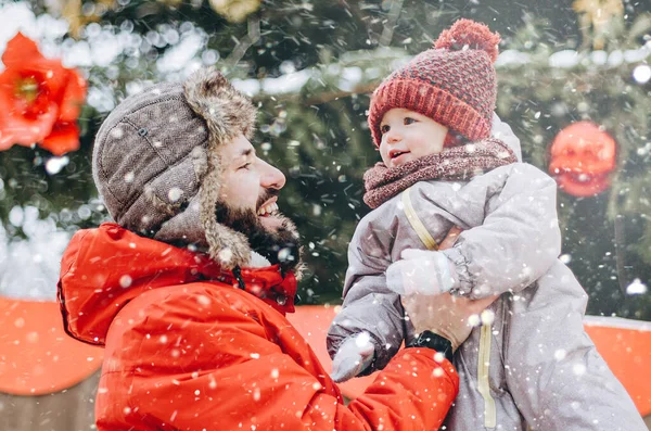 Young Stylish Bearded Father Baby Son Winter Vacation Christmas Tree — Stock Photo, Image