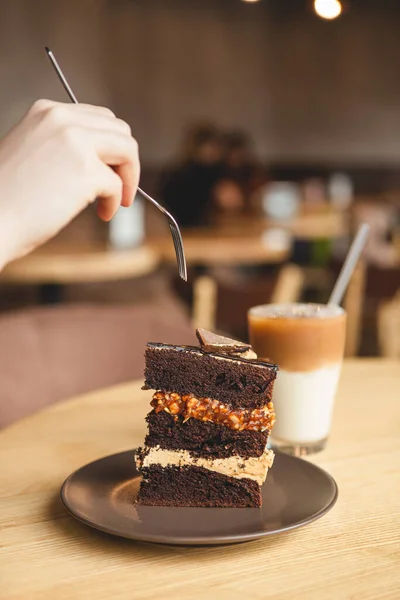 Plate Piece High Chocolate Pie Cream Nuts Woman Hand Fork — Stock Photo, Image