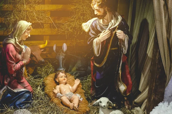 Belén Navidad Representado Con Figuras Porcelana María José Bebé Jesús — Foto de Stock