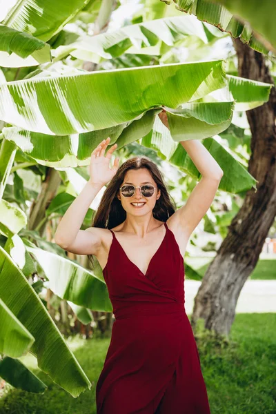 Stylish Young Attractive Woman Dressed Light Sexy Red Dress Photographed — Stock Photo, Image