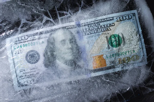 Les Dollars Gelés Sous Une Couche Glace Concept Crise Financière — Photo