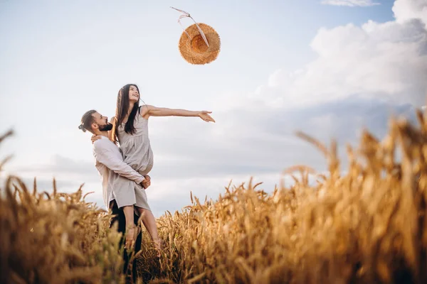 Young Happy Family Stylish Hipsters Walking Autumn Wheat Field Together — Stock Photo, Image