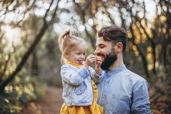 Young Happy Family Stylish Hipsters Walking Autumn Park Together Sweet — Stock Photo, Image