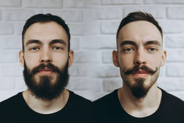 Retrato Cliente Barbearia Satisfeito Que Veio Mudar Sua Forma Barba — Fotografia de Stock