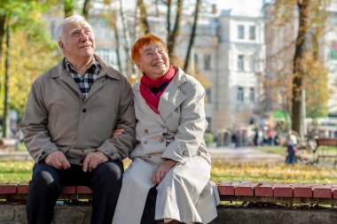 Yaşlı yaşlı çift parkta dinleniyor ve yukarı bakıyor. Boşluğu kopyala