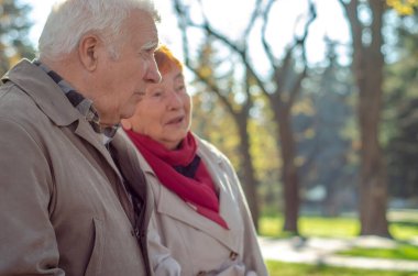 Bir kaç yaşlı insan. Dedem ve torunum parkta yürüyüşe çıktılar. Bir çift yaşlı karı koca sonbaharda şehirde yürürler. Aşık yaşlı çift.