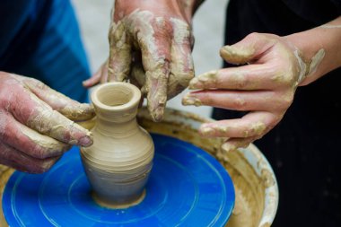 Takım deneyimli bir usta ve öğrenciyi çalışırken ve kil formlarını sağlarken düet halinde çalışırlar. Şeklini kilden sürahiye çevirme işlemi