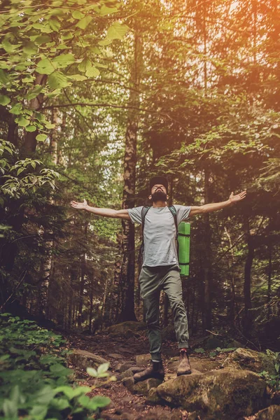 Erkek Dağcı Dağ Ormanlarında Kaldırıyor — Stok fotoğraf