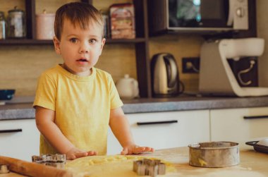 Sevimli küçük oğlan ve önlüklü güzel annesi mutfakta hamuru yoğururken gülüp oynuyorlar..