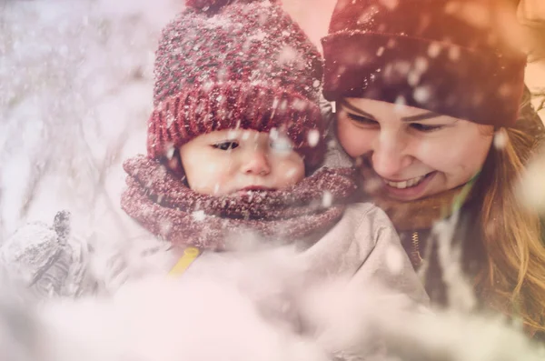 Happy Family Mother Child Daughter Having Fun Playing Winter Walk — Stock Photo, Image