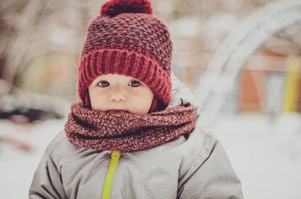 Funny Little Child Girl Wearing Red Hat Scarf Warm Winter — Stock Photo, Image