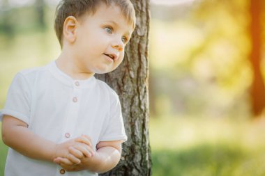 Açık renk saçlı, mavi gözlü, beyaz gömlekli yeşil orman geçmişli genç bir çocuğun portresi.