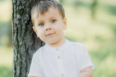 Beyaz tişörtlü, koyu yeşil pantolonlu ve tatlı gülüşlü bir çocuk portresi. Doğa yeşil arkaplan