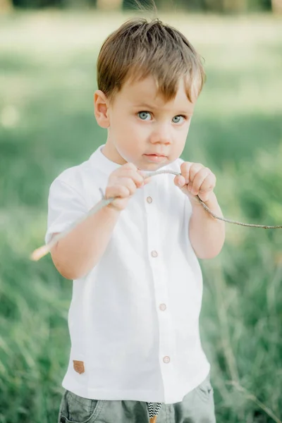 Portret Młodego Chłopca Jasnymi Włosami Niebieskimi Oczami Białej Koszuli Zielonym — Zdjęcie stockowe