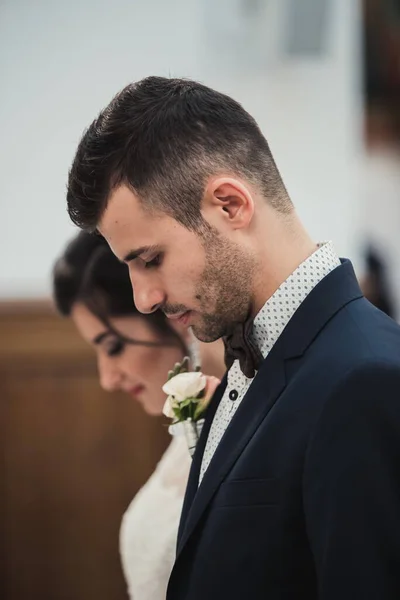 Stylish Beautiful Husband Groom Gentle Pretty Girl Church Standing Next — Stock Photo, Image