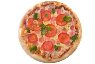 Kabuklu pizza akşam yemeği beyaz arka planda izole edilmiş.