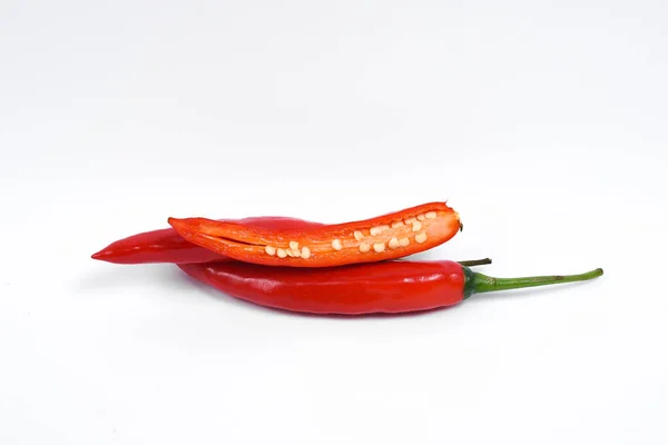 Closeup Top View Red Chili Pepper Sliced White Background Raw — Stock Photo, Image