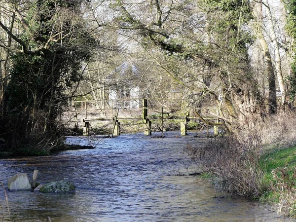 Wooden bridge over the River Chess, a chalk stream in the Chiltern Hills, Hertfordshire, UK