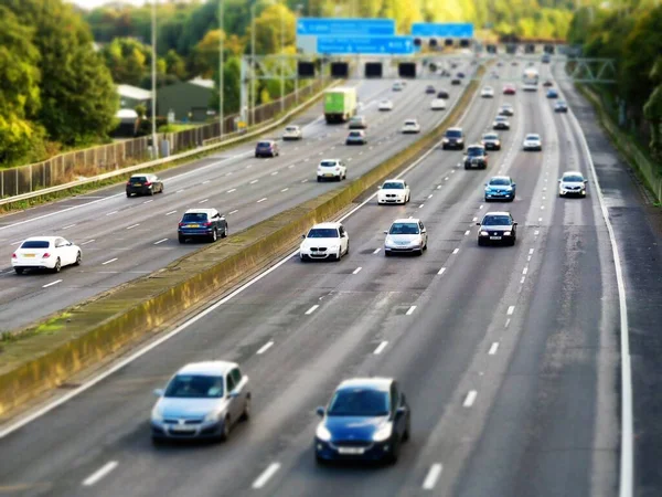 Tilt Shift Photo M25 London Orbital Motorway Junction Hertfordshire — Stock Photo, Image