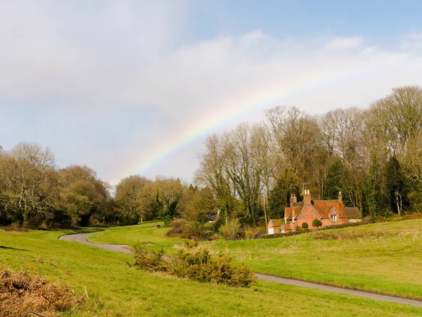 Rainbow over Dog Kennel Lane, Chorleywood in spring