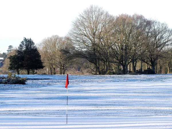 Snow covered golf course with red flag, Chorleywood Common, Hertfordshire, England, UK