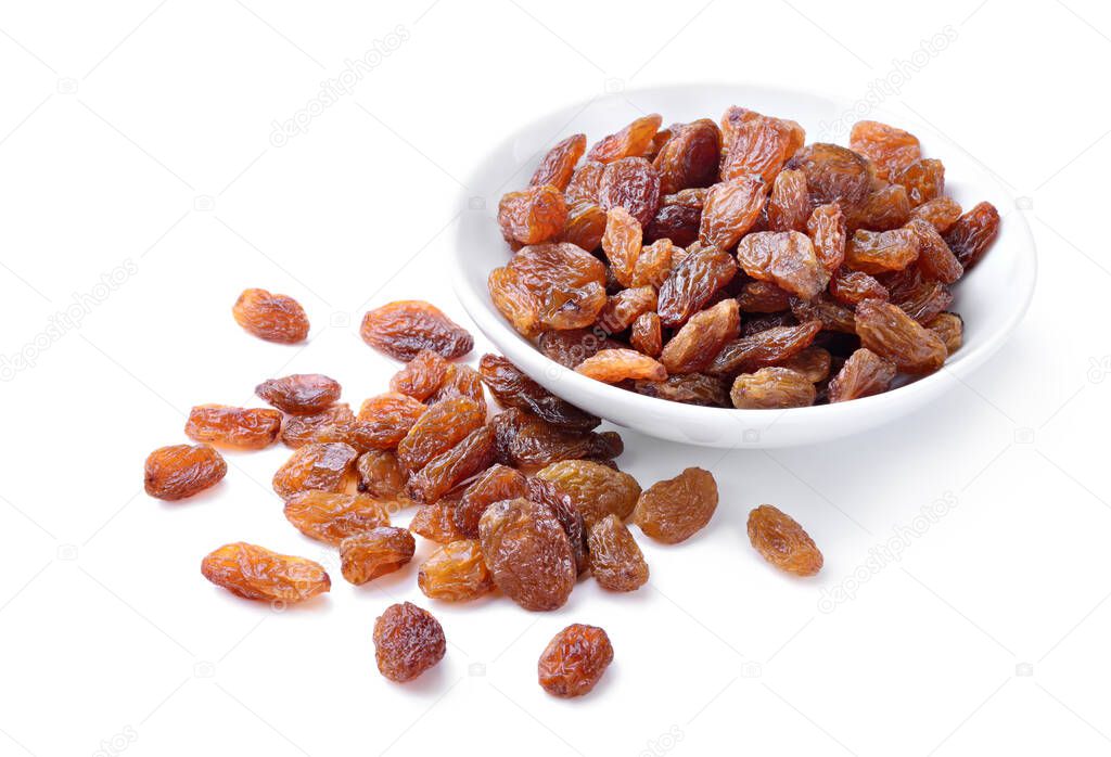 Raisins, uvetta in a bowl isolated on white background.
