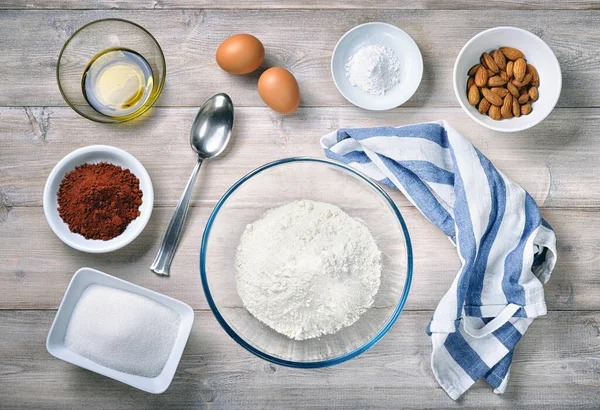 Ingrediënten Voor Cantucci Koekjes Met Amandelen Cacao Bovenaanzicht — Stockfoto