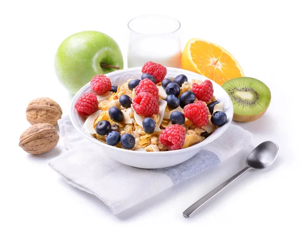 Müsli Meyveli Kahvaltı Beyaz Arka Planda Izole — Stok fotoğraf