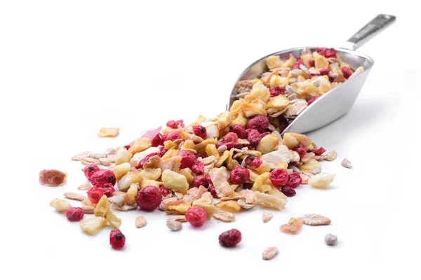 Muesli Una Mezcla Cereales Frutas Rojas Manzana Aislada Sobre Fondo — Foto de Stock