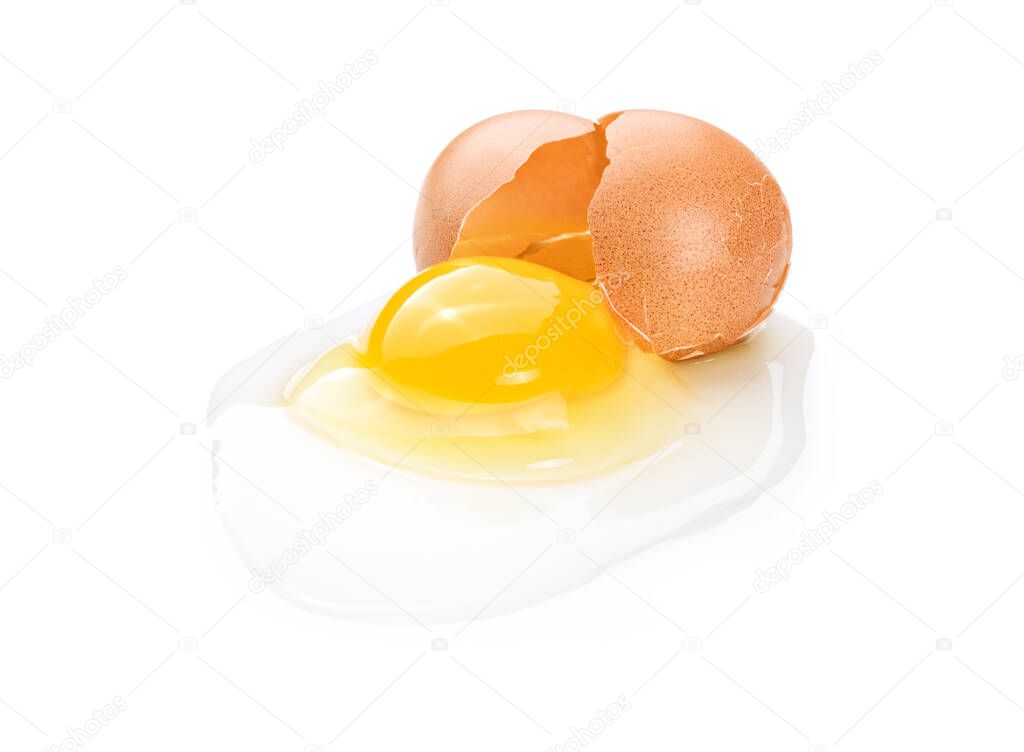 Broken brown chicken egg isolated on white background.