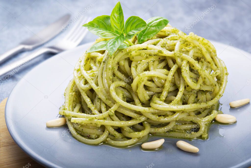 Spaghetti with pesto, genoese pesto, basil pesto.