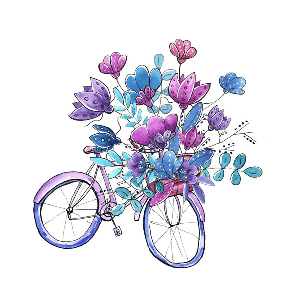 Vélo avec bouquet floral dans le panier . — Photo